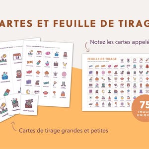 May include: A collection of Halloween-themed cards and a worksheet. The cards feature colorful illustrations of Halloween icons like a graveyard, potion, and vampire. The worksheet has 75 unique images to match. Text includes "CARTES ET FEUILLE DE TIRAGE".