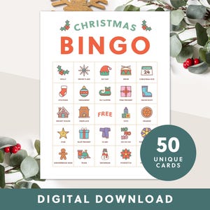 Printable Christmas Bingo Game | 50 Cards | Instant Download | Fun Digital Printable for Kids and Adults | Printable Bingo Cards
