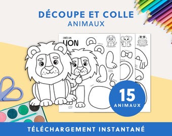15 Animaux à Découper et Coller | Activité de Découpage et Collage | Animaux à Imprimer | Exercice pour Enfants | Activité Éducative