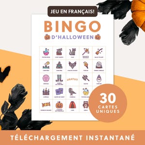 May include: A Halloween-themed bingo game with colorful illustrations of spooky items like potions, bats, and pumpkins. The game is titled "Bingo d'Halloween" and includes 30 unique cards. The background is orange with black accents and pumpkins.