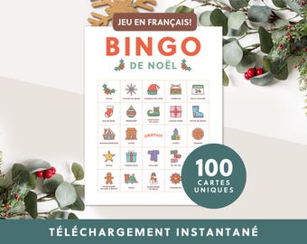 Op de afbeelding: Een printbaar kerstbingo-spel in het Frans met 100 unieke kaarten. De bingokaart bevat illustraties van kerstthema-items zoals een sok, een peperkoekman, een trein en een kerstster.