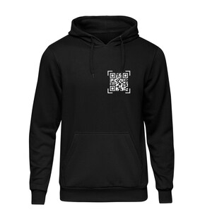 May include: Black hooded sweatshirt with a white QR code printed on the front.