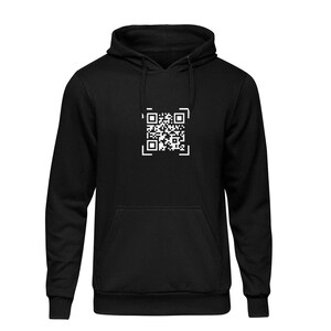 May include: Black hooded sweatshirt with a white QR code graphic on the front.