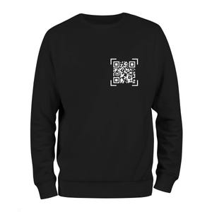 May include: Black sweatshirt with a white QR code printed on the front.