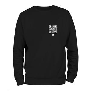 May include: Black sweatshirt with a white QR code printed on the front.