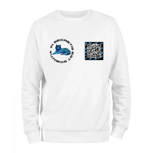 May include: White sweatshirt with a blue tiger graphic and the text "The Secret is in Scientia" in a circle. A blue and black QR code is also on the sweatshirt.