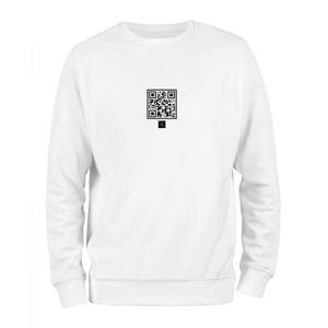 May include: White sweatshirt with a black QR code printed on the front.