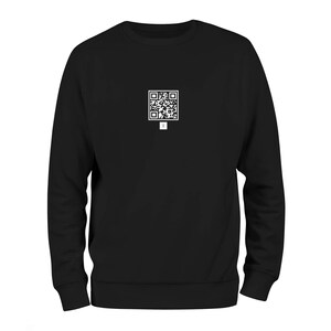 May include: Black sweatshirt with a white QR code printed on the front.