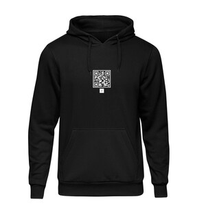 May include: Black hooded sweatshirt with a white QR code printed on the front.