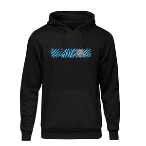 May include: Black hooded sweatshirt with a blue and white zebra stripe pattern and a QR code in the center.