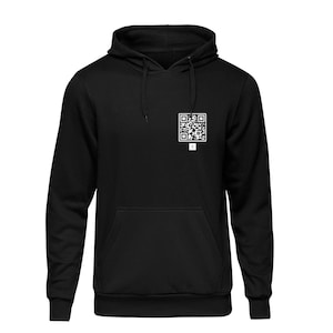 May include: Black hooded sweatshirt with a white QR code printed on the front.