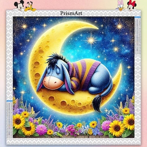 May include: A diamond painting featuring Eeyore from Winnie the Pooh, sleeping on a crescent moon. The image has a starry night sky background, with sunflowers and other flowers at the bottom. The PrismArt logo is visible.
