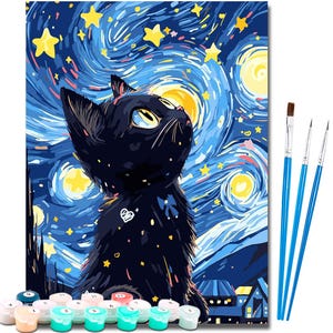 May include: Paint-by-numbers kit depicting a black cat under a starry night sky, in the style of Van Gogh. The kit includes paint pots, brushes, and a canvas with numbered sections for painting.