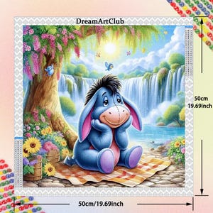 May include: A blue cartoon donkey with a pink nose and big eyes sits on a picnic blanket in a whimsical landscape with a waterfall and flowers. The scene is surrounded by a white border with the text "DreamArtClub" and measurements in inches and centimeters.