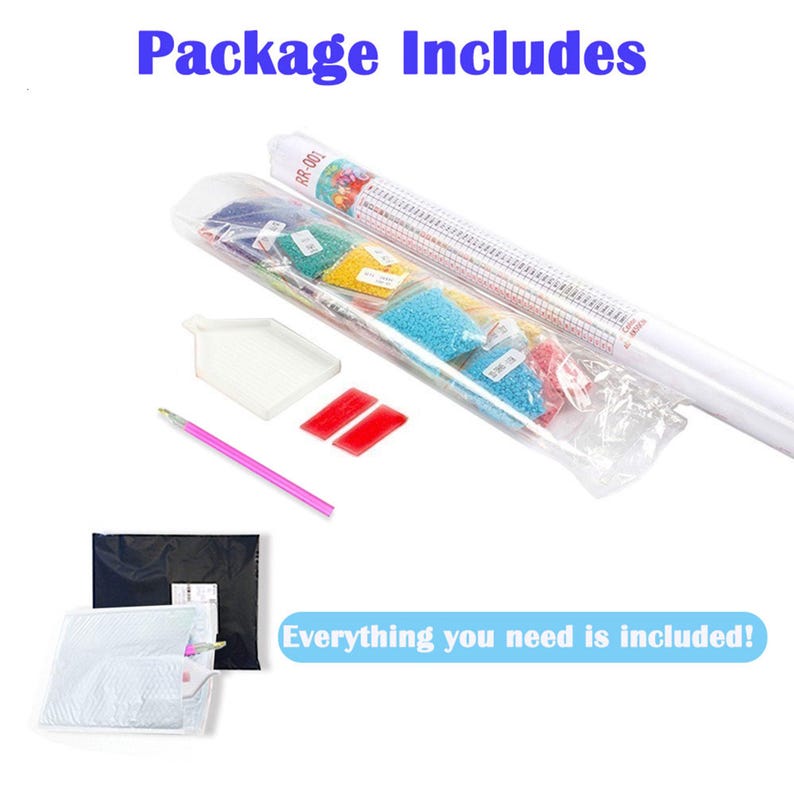 May include: A diamond painting kit with everything you need to create a colorful artwork. The kit includes a canvas, diamond drills, a tray, a pen, and wax. The package says "Everything you need is included!"