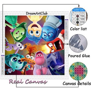 May include: Diamond painting kit featuring characters from the animated film Inside Out. The characters include Joy, Sadness, Anger, Disgust, and Fear. The kit includes a canvas, rhinestones, and tools. DreamArtClub is printed on the canvas.