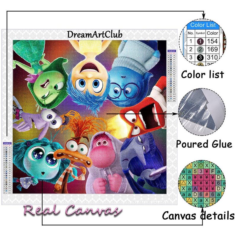 May include: Diamond painting kit featuring characters from the animated film Inside Out. The characters include Joy, Sadness, Anger, Disgust, and Fear. The kit includes a canvas, rhinestones, and tools. DreamArtClub is printed on the canvas.