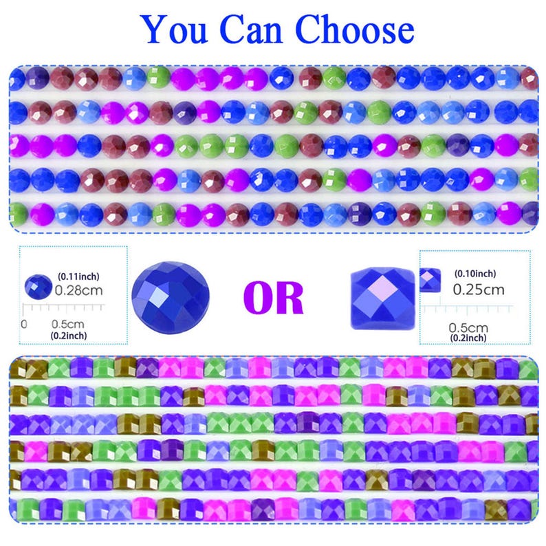 May include: Two close-up images of round, colorful, mosaic-like tiles. The tiles are arranged in rows and columns. The first image shows tiles that are 0.11 inches (0.28 cm) in diameter. The second image shows tiles that are 0.10 inches (0.25 cm) in diameter. The text "You Can Choose" and "OR" is visible in the image.