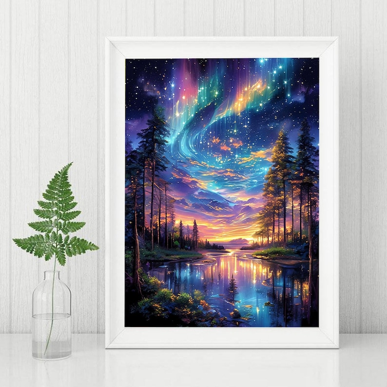 May include: A framed art print showing a landscape with a lake reflecting a colourful sky. The artwork features a forest silhouette, with a brilliant display of aurora borealis in shades of blue, purple, and green. A fern in a glass vase is in the foreground.