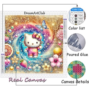 May include: A colorful diamond painting kit featuring Hello Kitty surrounded by a rainbow swirl and sparkling stars. The kit includes a pre-printed canvas, rhinestones, a tray, and a glue pen. The color list includes three colors: 154, 169, and 310.