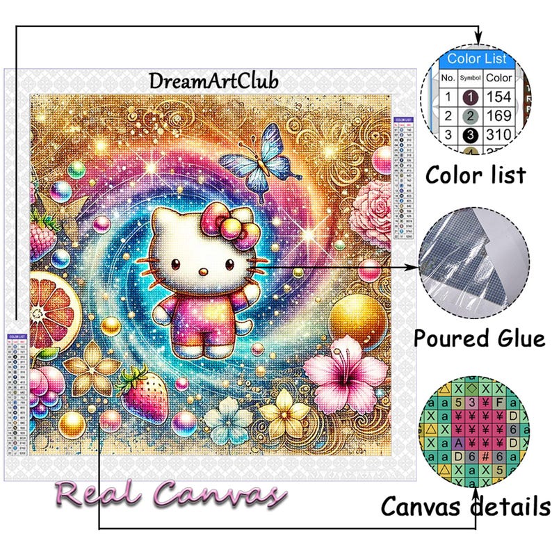 May include: A colorful diamond painting kit featuring Hello Kitty surrounded by a rainbow swirl and sparkling stars. The kit includes a pre-printed canvas, rhinestones, a tray, and a glue pen. The color list includes three colors: 154, 169, and 310.