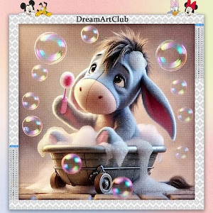 May include: A blue cartoon donkey with a pink bow in its hair is taking a bath in a tub with bubbles. The donkey is surrounded by colourful soap bubbles.