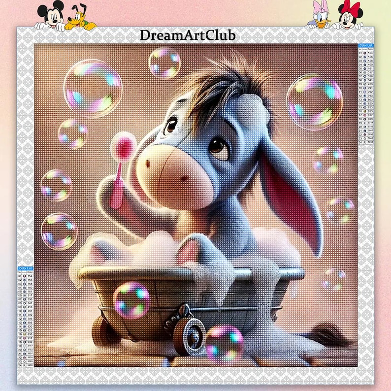May include: A blue cartoon donkey with a pink bow in its hair is taking a bath in a tub with bubbles. The donkey is surrounded by colorful soap bubbles.