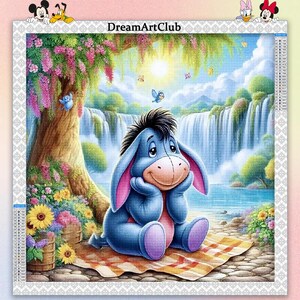 May include: A blue donkey cartoon character sitting on a yellow and red checkered blanket in front of a waterfall. The donkey is smiling and has its arms crossed. The background is a bright blue sky with white clouds and a green forest.