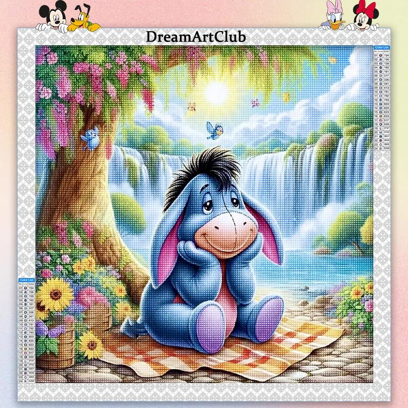 May include: A blue donkey cartoon character sitting on a yellow and red checkered blanket in front of a waterfall. The donkey is smiling and has its arms crossed. The background is a bright blue sky with white clouds and a green forest.