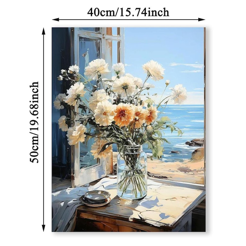 May include: A floral canvas print depicting a vase of white and orange flowers on a table near a window. The artwork is 19.68 inches tall and 15.74 inches wide. The background shows a seascape with a blue sky and ocean.