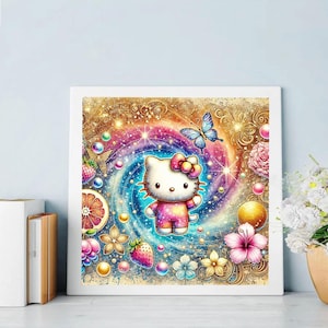 May include: A colorful diamond painting featuring Hello Kitty in a swirling galaxy with a butterfly, flowers, and fruit.