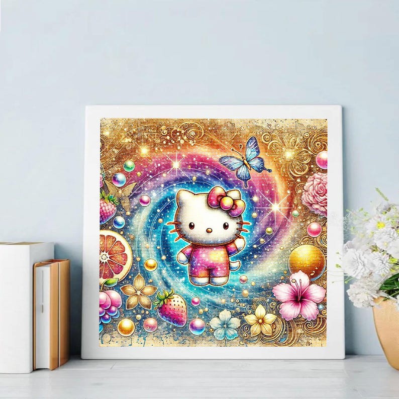 May include: A colorful diamond painting featuring Hello Kitty in a swirling galaxy with a butterfly, flowers, and fruit.