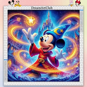 Puede incluir: Una imagen vibrante y pixelada de Mickey Mouse como hechicero, con un sombrero azul con una luna creciente y estrellas, y una túnica roja. El fondo presenta un castillo, senderos de luz dorada y el texto "DreamArtClub".