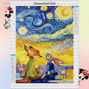Könnte beinhalten: Kreuzstich-Kunstwerk mit Nick Wilde und Judy Hopps aus Zootopia, vor einem Sternenhimmel im Stil von Van Gogh. Das DreamArtClub-Logo ist oben zu sehen.