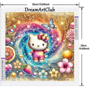 May include: A colorful diamond painting kit featuring Hello Kitty surrounded by a rainbow swirl, flowers, and fruit. The kit includes a 50x50cm canvas, rhinestones, and instructions. DreamArtClub.