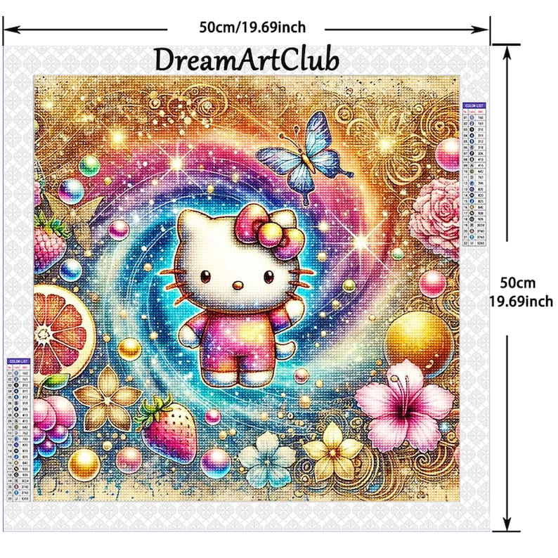 May include: A colorful diamond painting kit featuring Hello Kitty surrounded by a rainbow swirl, flowers, and fruit. The kit includes a 50x50cm canvas, rhinestones, and instructions. DreamArtClub.