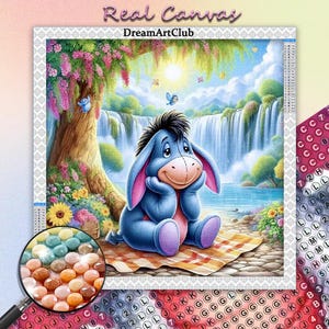 May include: A blue cartoon donkey with a sad expression sits on a checkered blanket in a whimsical landscape with a waterfall and flowers. The scene is rendered in a pixelated style, suggesting a diamond painting kit.