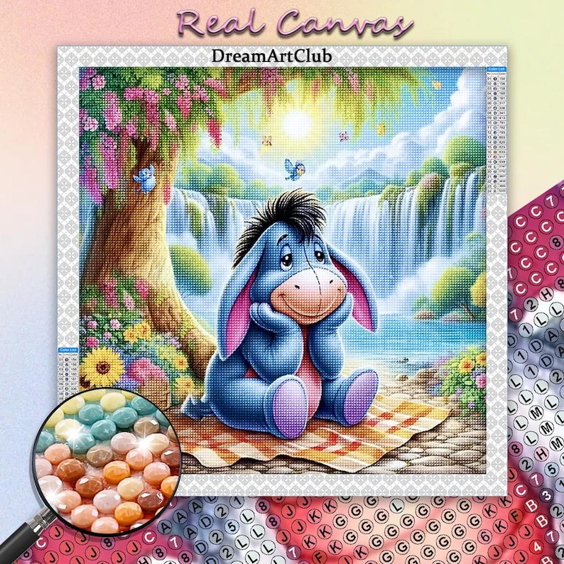 May include: A blue cartoon donkey with a sad expression sits on a checkered blanket in a whimsical landscape with a waterfall and flowers. The scene is rendered in a pixelated style, suggesting a diamond painting kit.