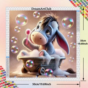 May include: A blue cartoon donkey with pink ears is sitting in a white bathtub with bubbles. The donkey is holding a pink lollipop and is surrounded by colorful soap bubbles. The image is titled "DreamArtClub" and the size is 50cm/19.69inch.
