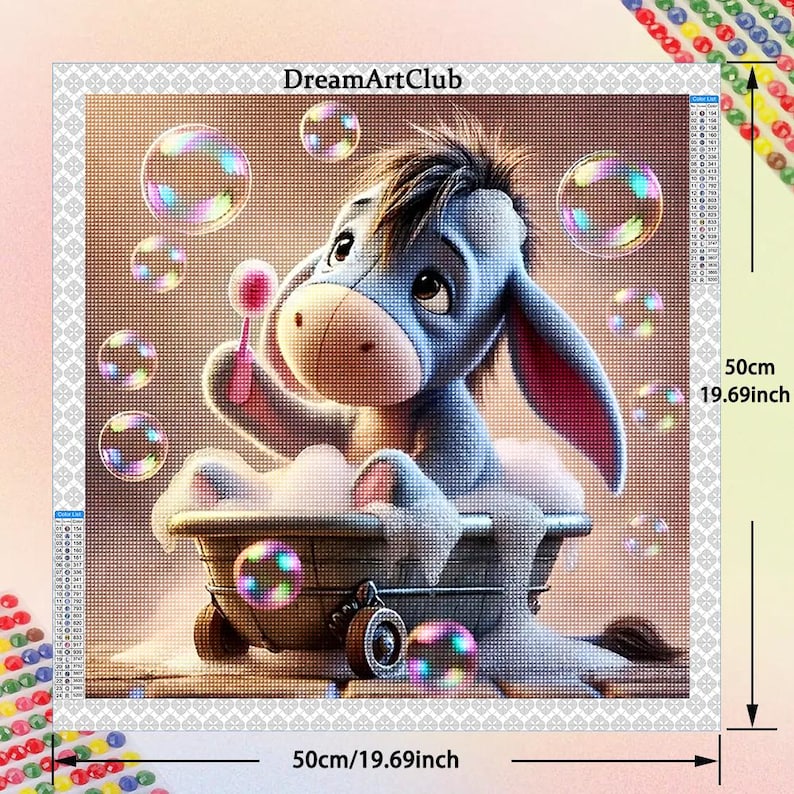 May include: A blue cartoon donkey with pink ears is sitting in a white bathtub with bubbles. The donkey is holding a pink lollipop and is surrounded by colorful soap bubbles. The image is titled "DreamArtClub" and the size is 50cm/19.69inch.
