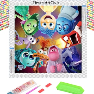 May include: A colorful diamond painting kit featuring characters from the animated film Inside Out. The characters include Joy, Sadness, Anger, Fear, Disgust, and Bing Bong. The kit includes a canvas, rhinestones, and tools for creating the artwork.