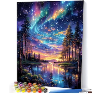 May include: A paint-by-numbers kit showing a landscape scene with a forest, a lake, and a colourful night sky with an aurora borealis effect. Includes paint pots and brushes for the artwork.