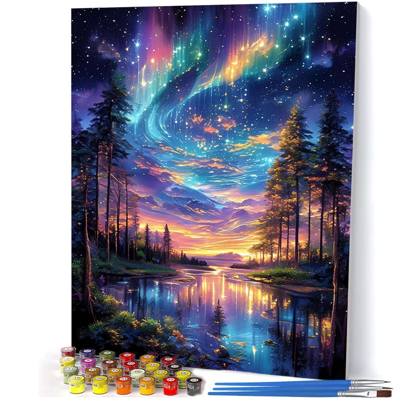 May include: A paint-by-numbers kit showing a landscape scene with a forest, a lake, and a colourful night sky with an aurora borealis effect. Includes paint pots and brushes for the artwork.