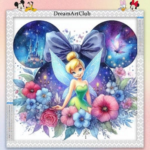 May include: A cross-stitch design featuring Tinkerbell with a large blue bow and floral arrangement. The background includes a starry night sky, a castle, and a butterfly. The design is framed with a decorative border and the text "DreamArtClub".