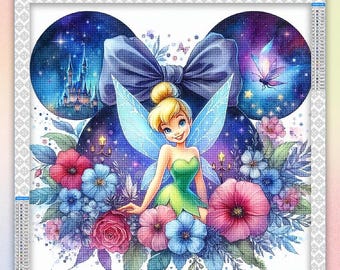 May include: A cross-stitch design featuring Tinkerbell with a large blue bow and floral arrangement. The background includes a starry night sky, a castle, and a butterfly. The design is framed with a decorative border and the text "DreamArtClub".