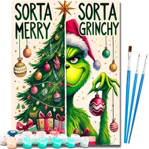 May include: A paint-by-numbers kit featuring a split design with a Christmas tree on one side and a green character wearing a Santa hat on the other. The text reads "Sorta Merry Sorta Grinchy". Includes paint pots and paintbrushes.