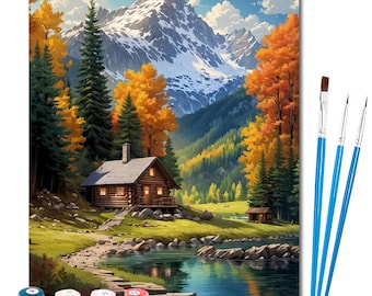 Kit de pintura por números de cabaña en la montaña nevada: pintura al óleo DIY sobre lienzo