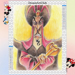 May include: A detailed illustration of Jafar from Disney's Aladdin, holding a golden staff. He is depicted with a stern expression, wearing a black hat, red and black robes, and a long, pointed nose. The background is yellow with a color list.