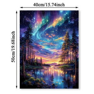 May include: A landscape painting, 40cm wide and 50cm tall, showcases a colorful night sky with an aurora borealis over a reflective lake. The artwork features tall trees along the water's edge, with the sky's colors mirrored in the water.