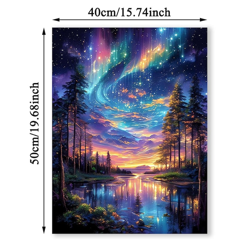 May include: A landscape painting, 40cm wide and 50cm tall, showcases a colorful night sky with an aurora borealis over a reflective lake. The artwork features tall trees along the water's edge, with the sky's colors mirrored in the water.